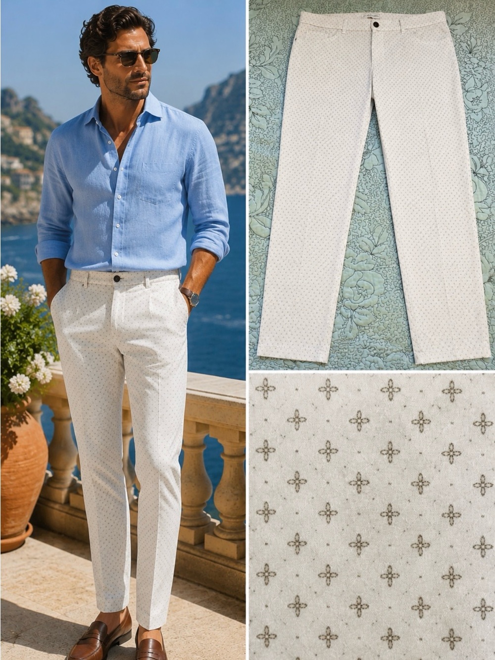 MICHELE NEGRI Italy Men’s Trousers White Printed  Luxury Euro Sz 52 US 38x31